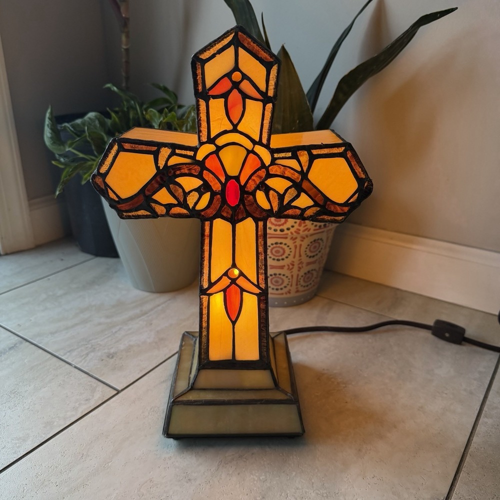 River of Goods Tiffany Style Genuine Art Glass Cross Accent Lamp Night Light